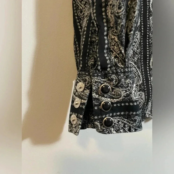 VTG Wrangler American Cowboy Paisley Pearl Snap Shirt Western Rodeo Black/White - Picture 5 of 12
